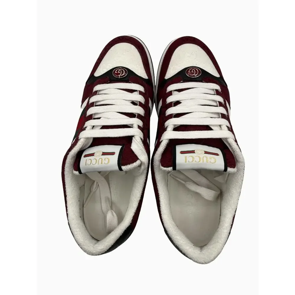 Gucci Mens GG Monogram Web Stripe Low Top Sneakers Burgundy Ivory Size 8 Italy